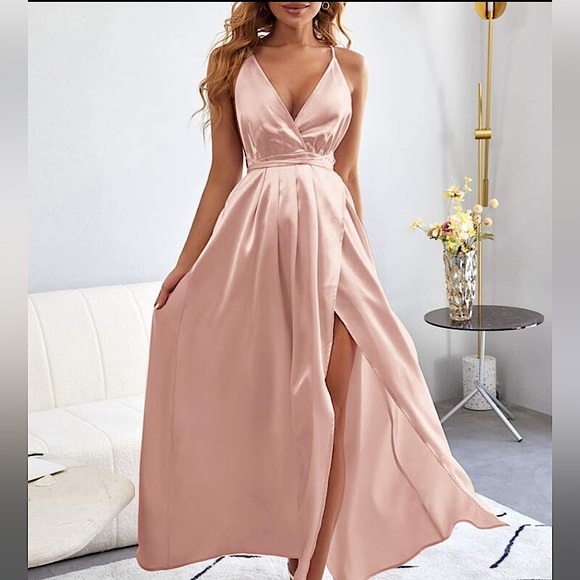 Criss Cross Tie Backless Wrap Hem Satin Cami Dress - Picture 1 of 4